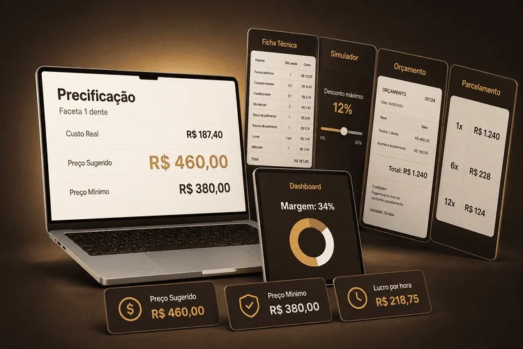 Notebook mostrando a Precificação da faceta (custo real, preço sugerido, preço mínimo) com o tablet do Dashboard e os painéis do produto ao redor